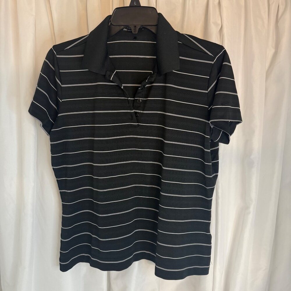 Nike Golf Womens Black & White Stripe Dri-Fit Polo Shirt L